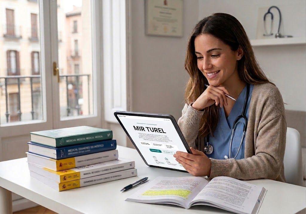 Estudiante de medicina con bata revisando la app MIR Turel en una tablet, con libros de texto de fondo